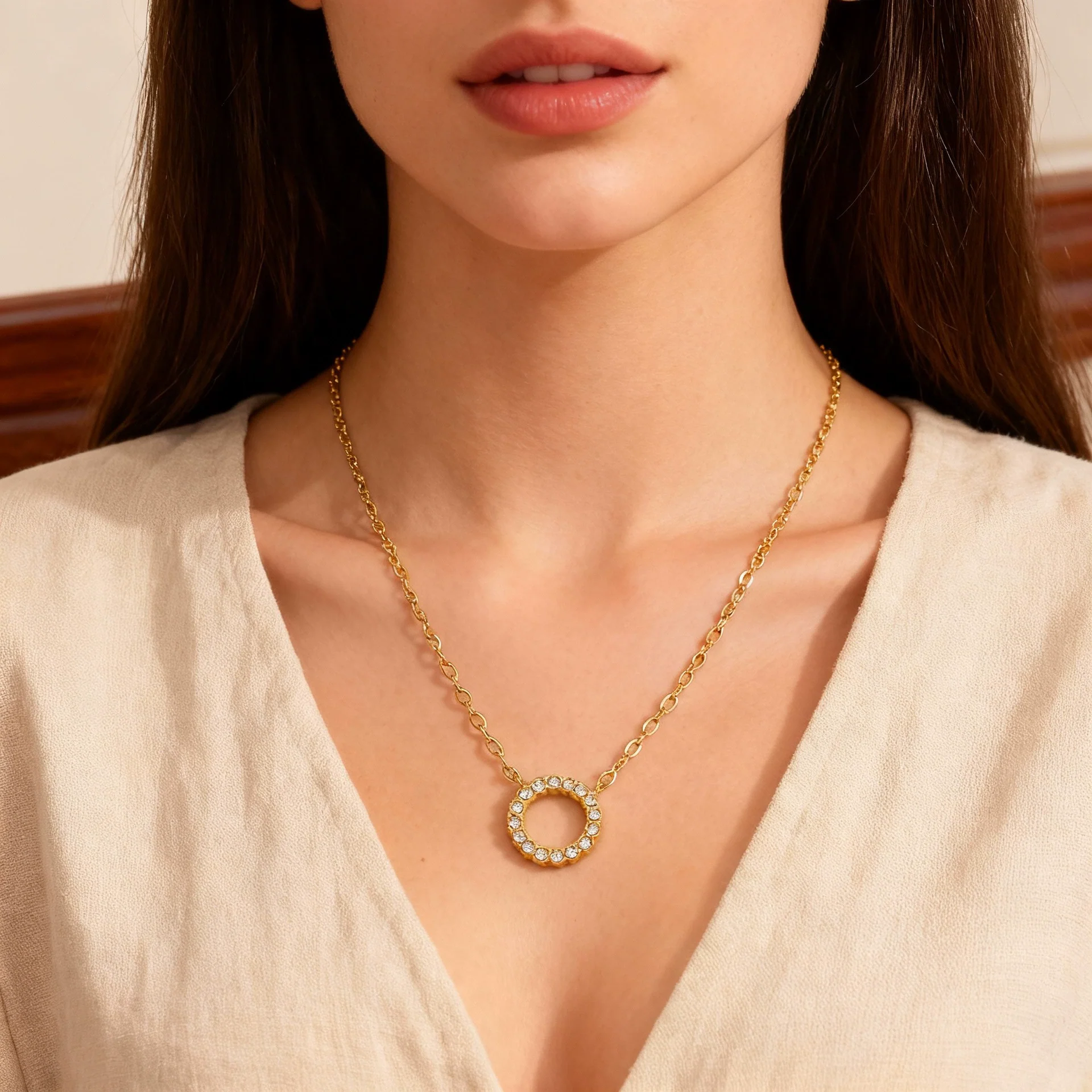 Wholesale Geometric Clavicle Chain And Full Diamond Ring Necklace Stainless Steel Gold Electroplated Unisex