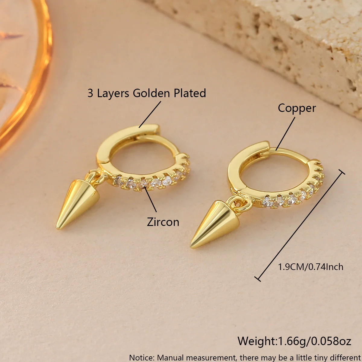Wholesale Geometric Copper Electroplated 18K Gold Zirconinlaid Round Pointed Cone Drop Earrings For Women - Image 6