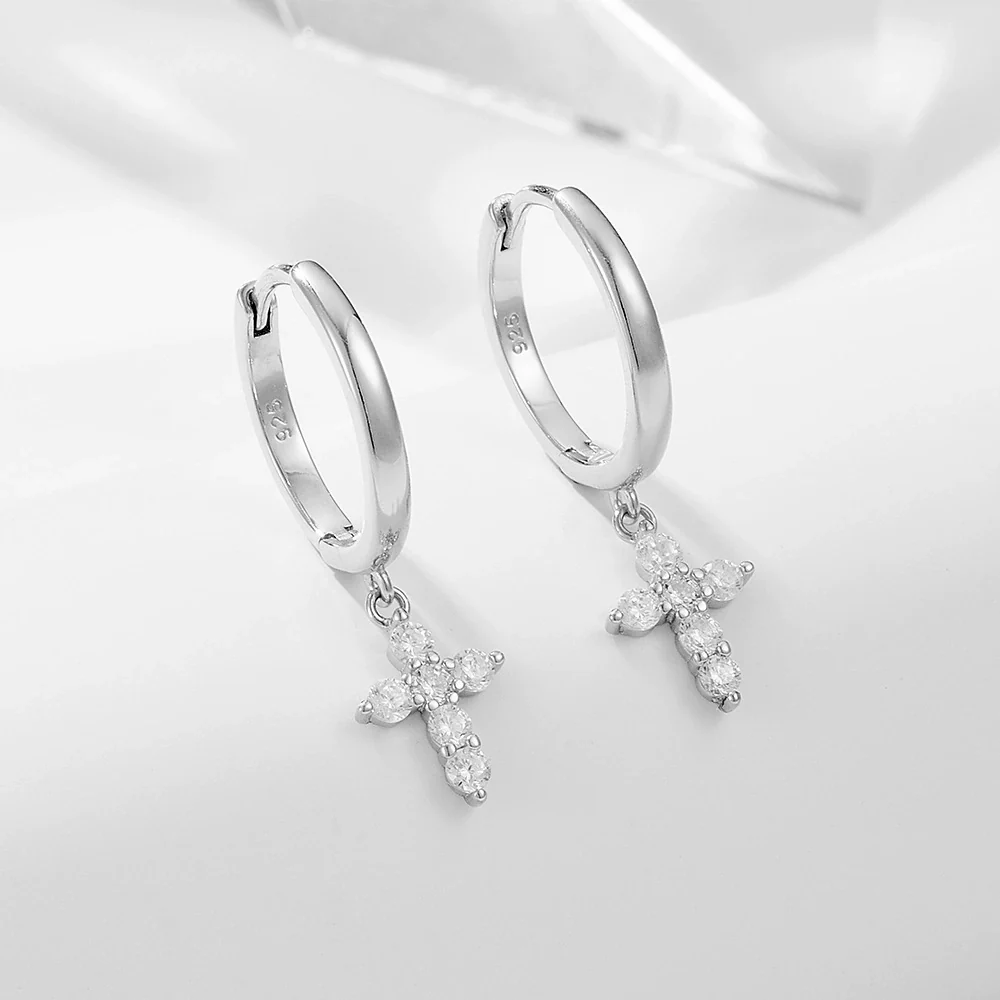 Wholesale Geometric Cross Diamond Inlaid S925 Sterling Silver Earrings For Women - Image 2