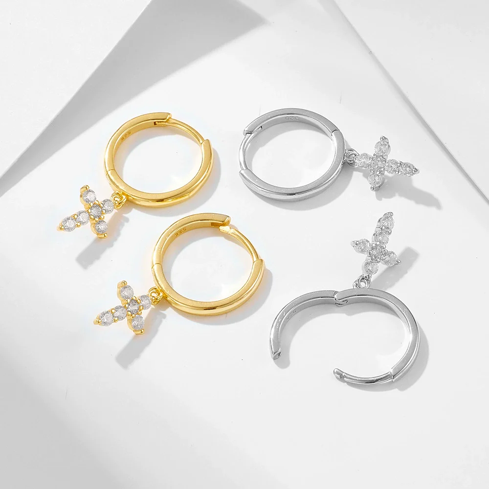 Wholesale Geometric Cross Diamond Inlaid S925 Sterling Silver Earrings For Women - Image 3