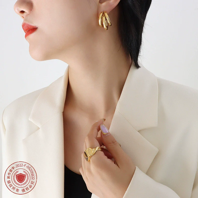 Wholesale Geometric Cshaped Hollow Round Tube Goldplated Titanium Steel Earrings With Niche Design - Image 2