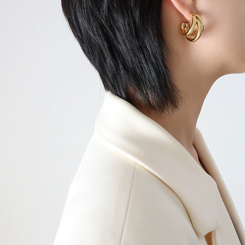 Wholesale Geometric Cshaped Hollow Round Tube Goldplated Titanium Steel Earrings With Niche Design - Image 6