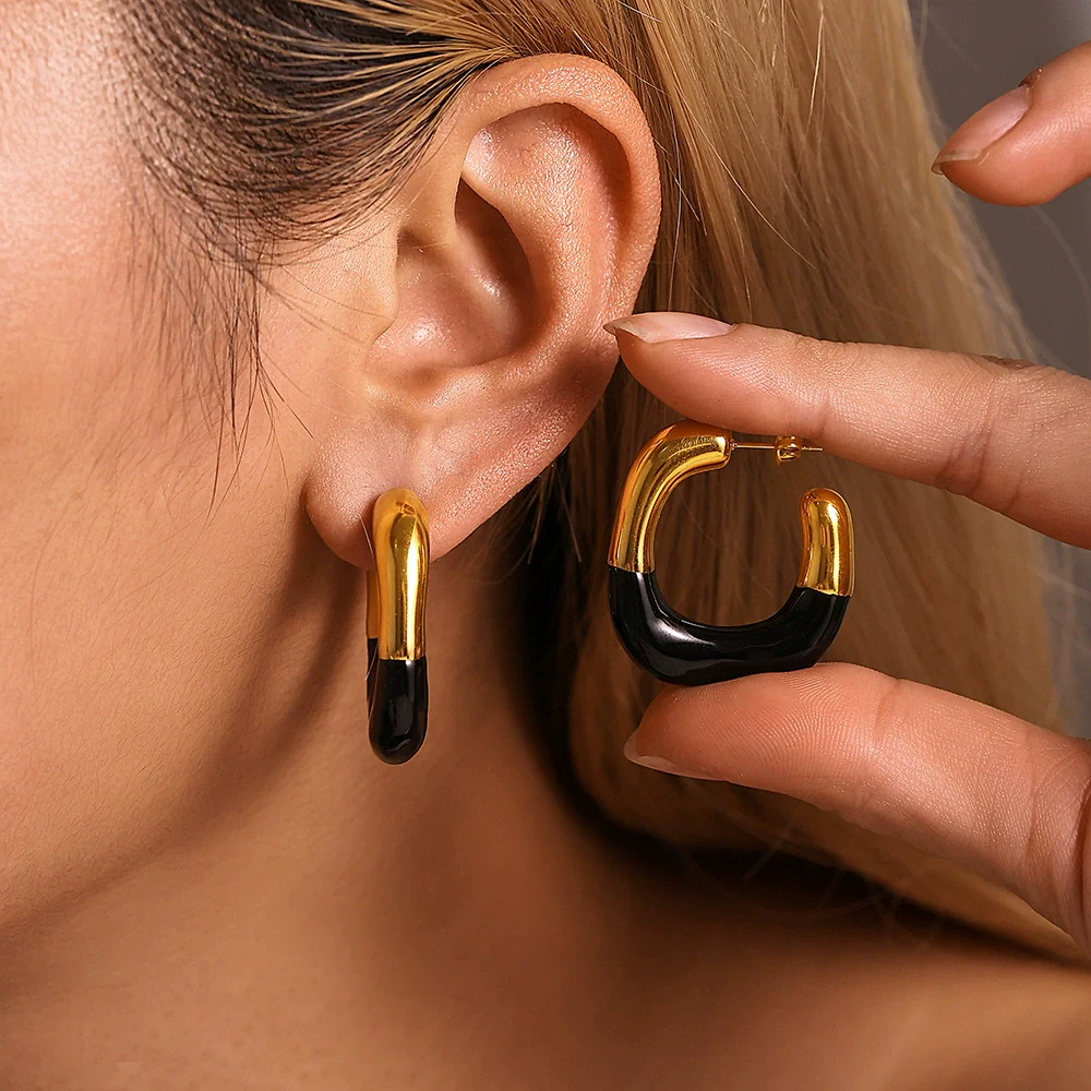 Wholesale Geometric Cshaped Stainless Steel Halfdrop Oil Earrings Electroplated For Women