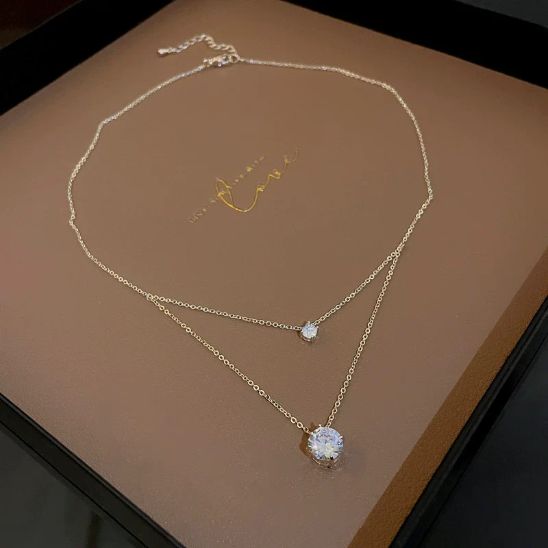 Wholesale Geometric Doublelayer Zircon Inlaid Copper Necklace With Real Gold Electroplated Ochain For Women - Image 6
