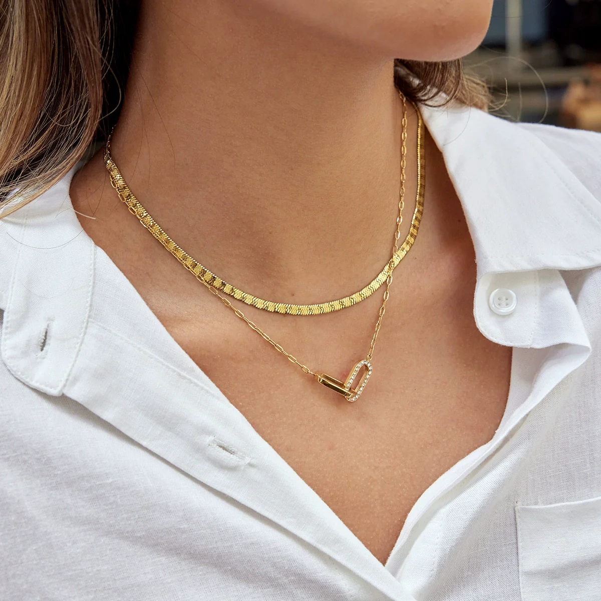 Wholesale Geometric Doublering Stainless Steel Electroplated 18K Gold Clavicle Necklace For Women - Image 3