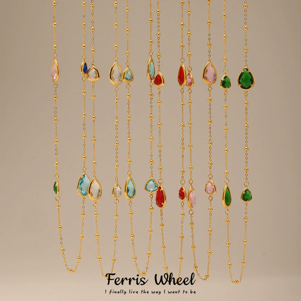 Wholesale Geometric Dropshaped Triangle Design Long Necklace For Women With Faceted Glass Stone And Zircon In Titanium Steel And Stainless Steel Electroplated
