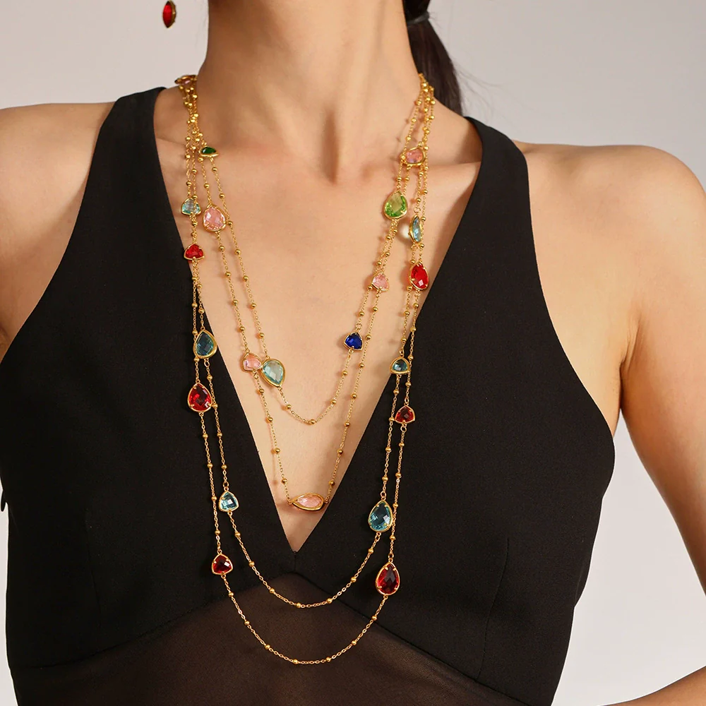 Wholesale Geometric Dropshaped Triangle Design Long Necklace For Women With Faceted Glass Stone And Zircon In Titanium Steel And Stainless Steel Electroplated - Image 2
