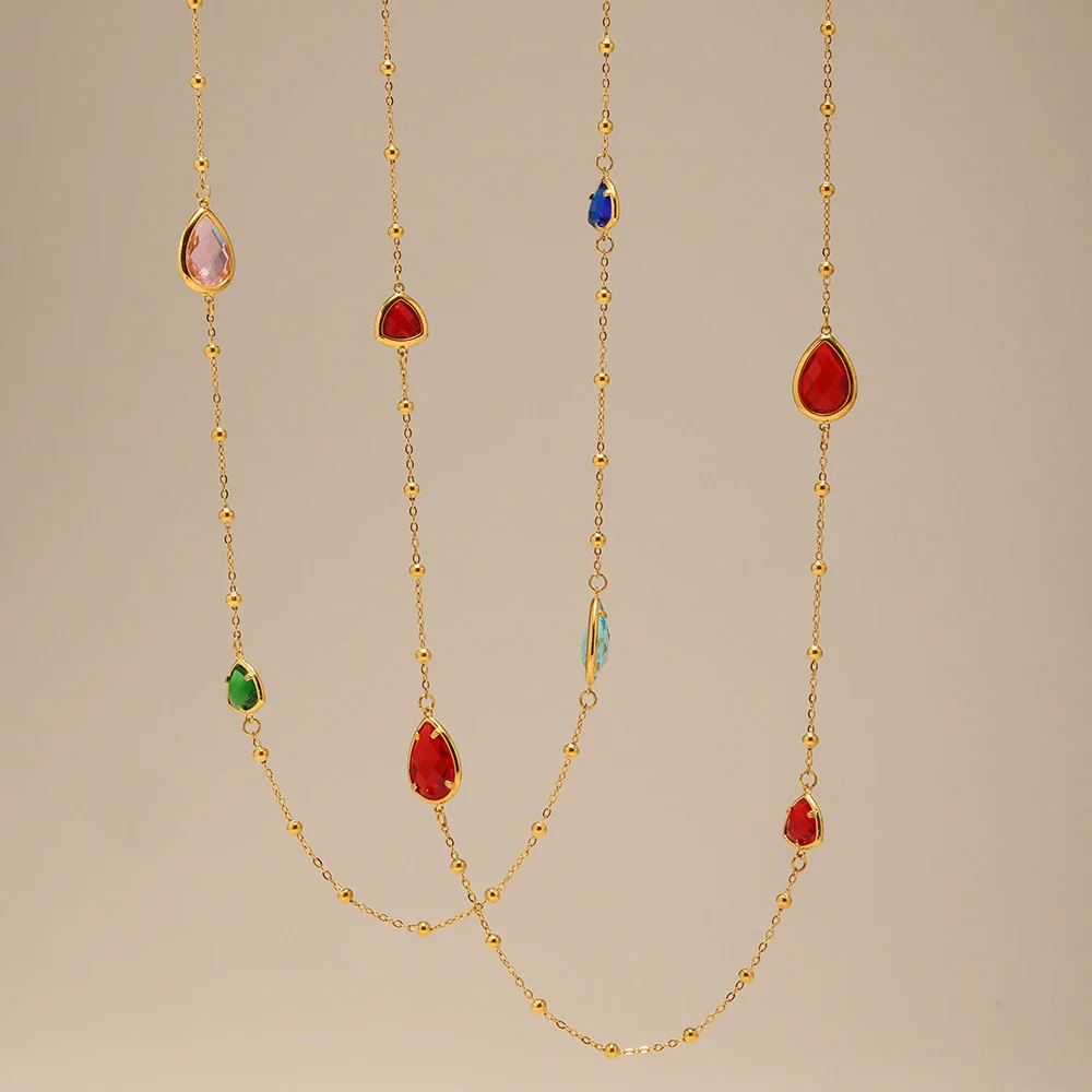 Wholesale Geometric Dropshaped Triangle Design Long Necklace For Women With Faceted Glass Stone And Zircon In Titanium Steel And Stainless Steel Electroplated - Image 3