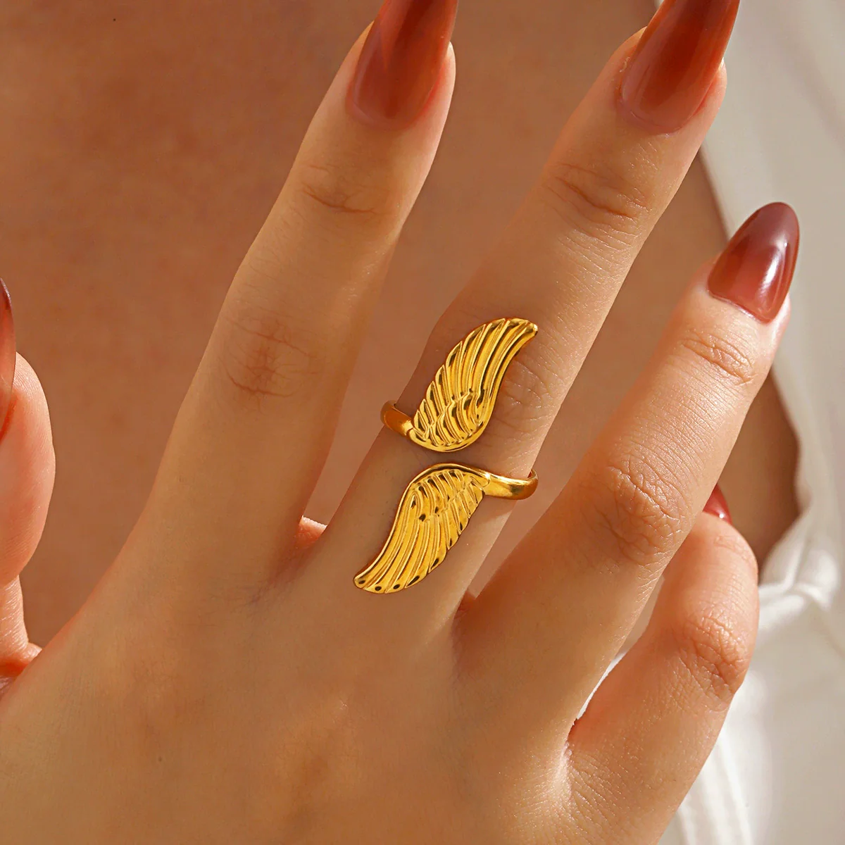Wholesale Geometric Electroplated Stainless Steel Open Adjustable Wing Ring For Women