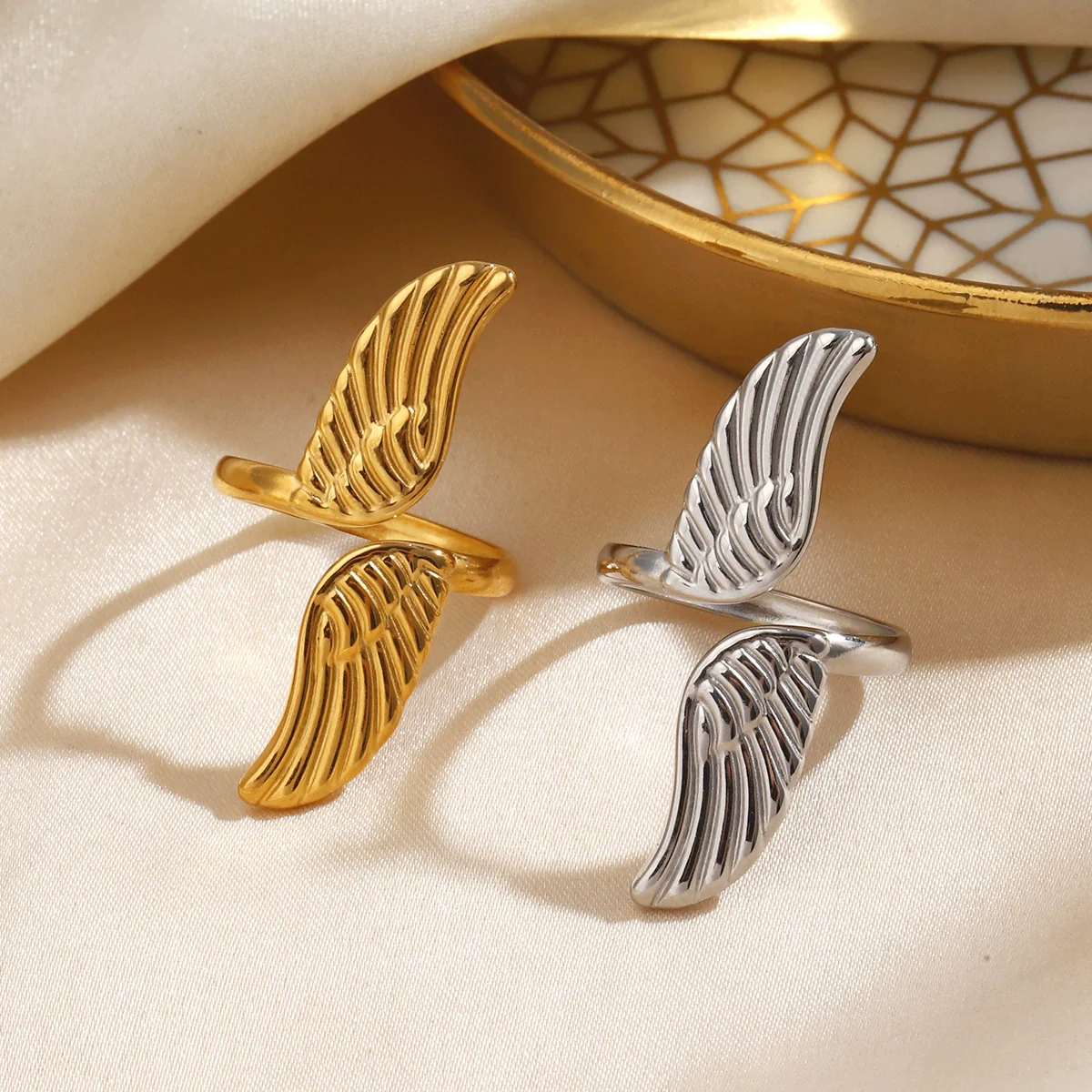 Wholesale Geometric Electroplated Stainless Steel Open Adjustable Wing Ring For Women - Image 2