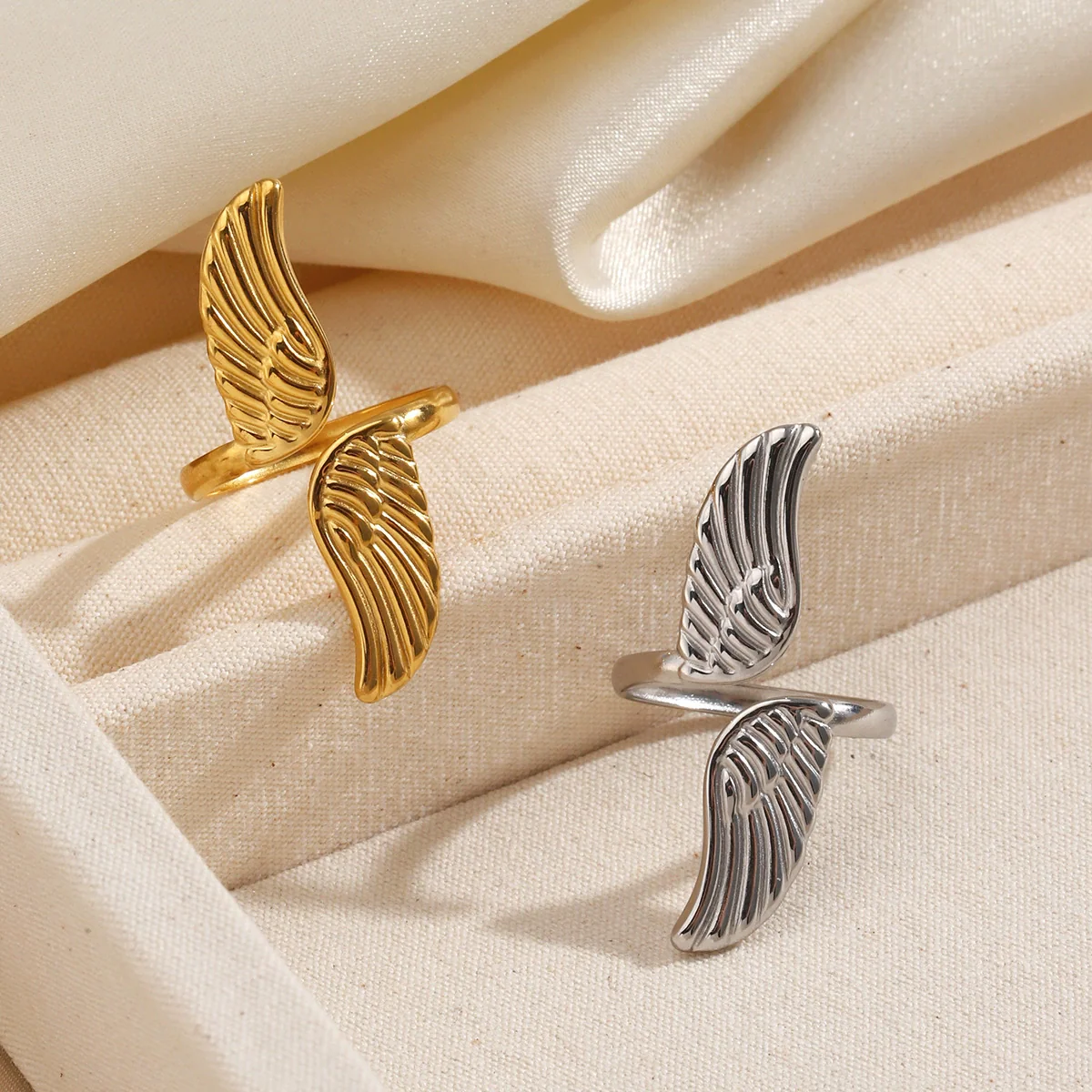 Wholesale Geometric Electroplated Stainless Steel Open Adjustable Wing Ring For Women - Image 3