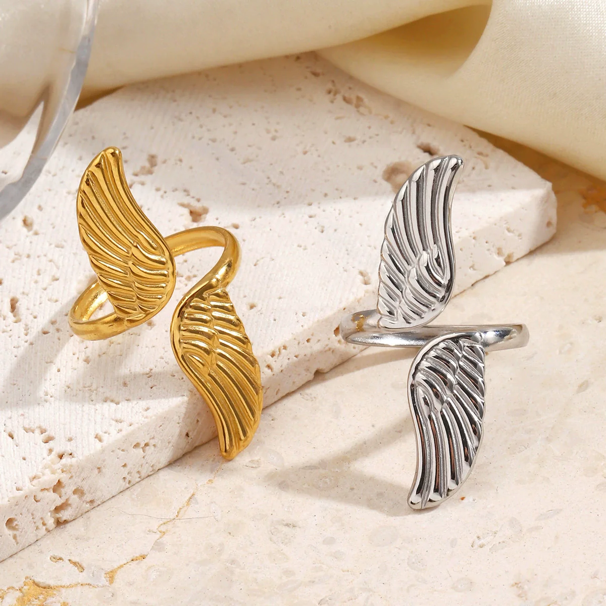 Wholesale Geometric Electroplated Stainless Steel Open Adjustable Wing Ring For Women - Image 4