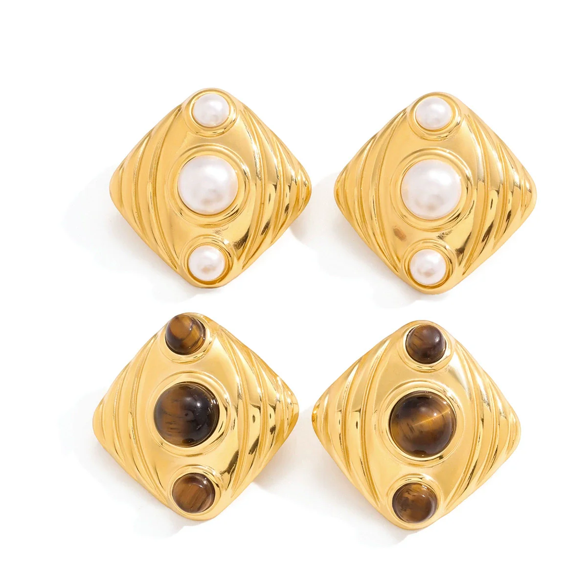 Wholesale Geometric Electroplated Stainless Steel Tiger Eye Stone And Imitation Pearl Earrings For Women - Image 5