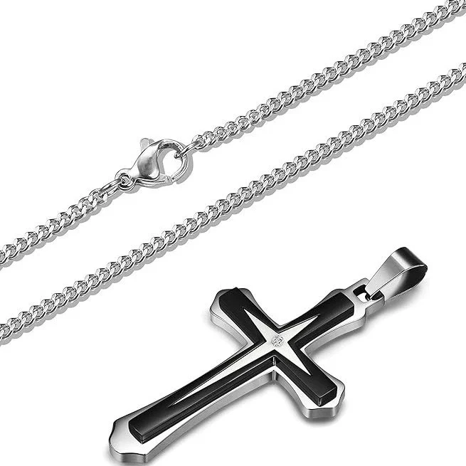 Wholesale Geometric Electroplated Titanium Steel Doublelayer Twocolor Unisex Cross Pendant Necklace With String Of Pearls Chain - Image 3