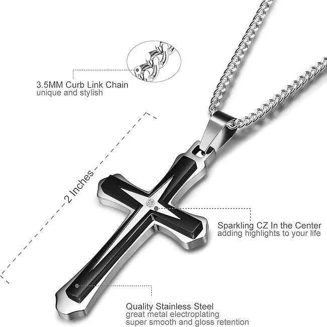 Wholesale Geometric Electroplated Titanium Steel Doublelayer Twocolor Unisex Cross Pendant Necklace With String Of Pearls Chain - Image 4