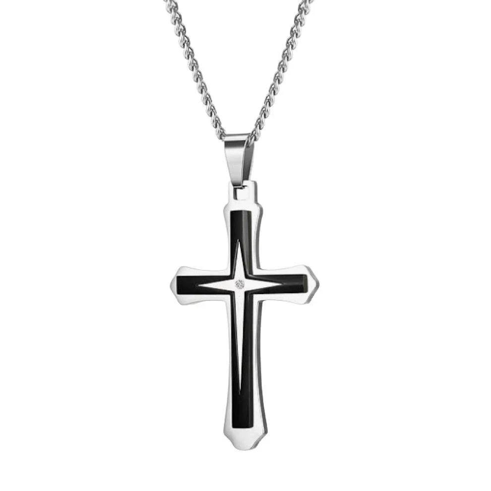 Wholesale Geometric Electroplated Titanium Steel Doublelayer Twocolor Unisex Cross Pendant Necklace With String Of Pearls Chain - Image 5
