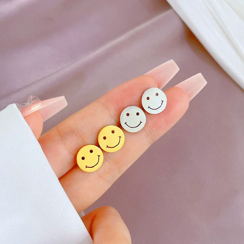 Wholesale Geometric Electroplated Titanium Steel Round Smiley Minimalist Earrings For Men And Women - Image 2
