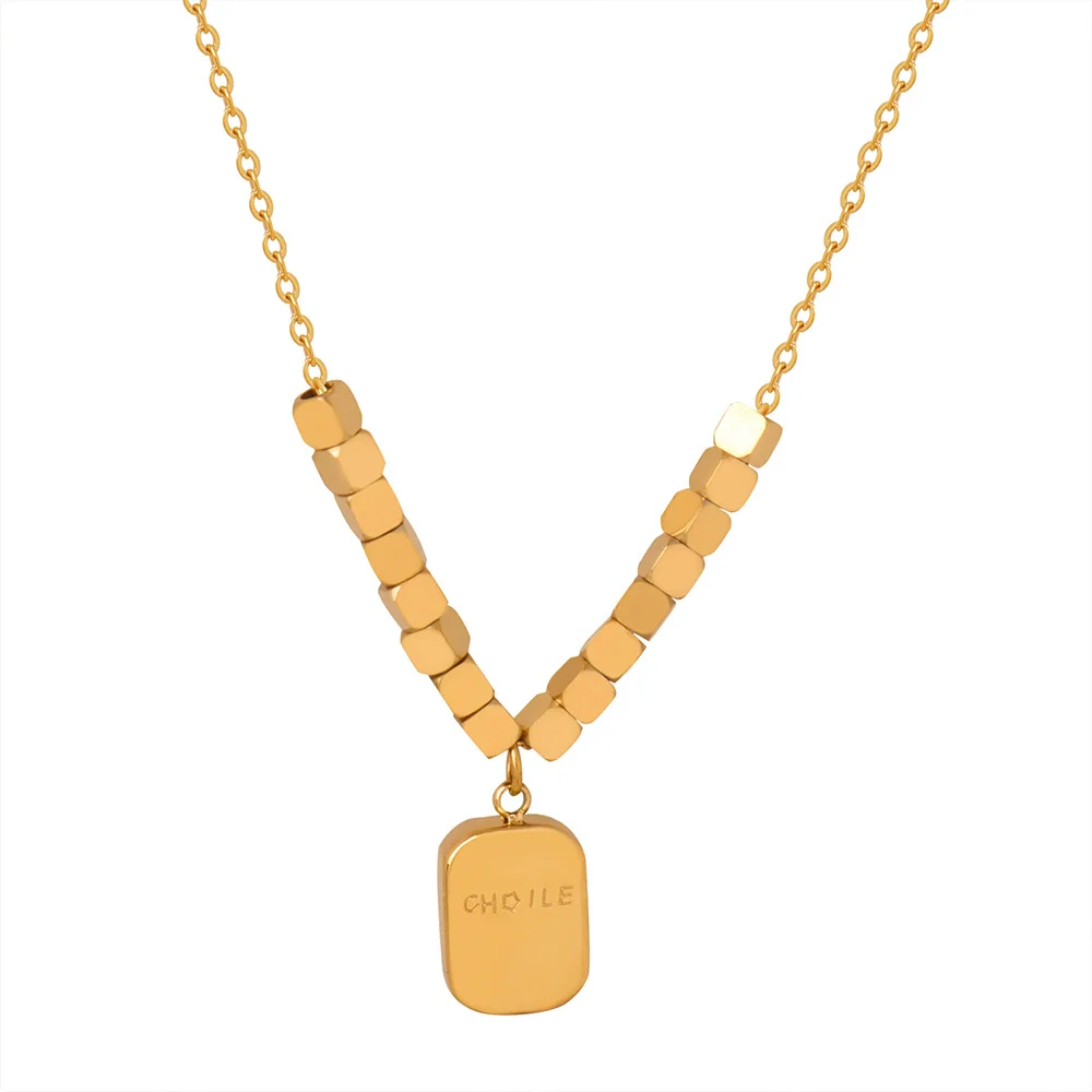 Wholesale Geometric English Letter Square Pendant Beaded Titanium Steel Necklace With Electroplated Design For Unisex - Image 5