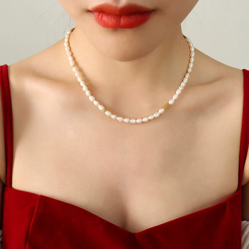 Wholesale Geometric Ferris Wheel Freshwater Pearl Necklace With Titanium Steel Gold Plated Chain For Women - Image 5
