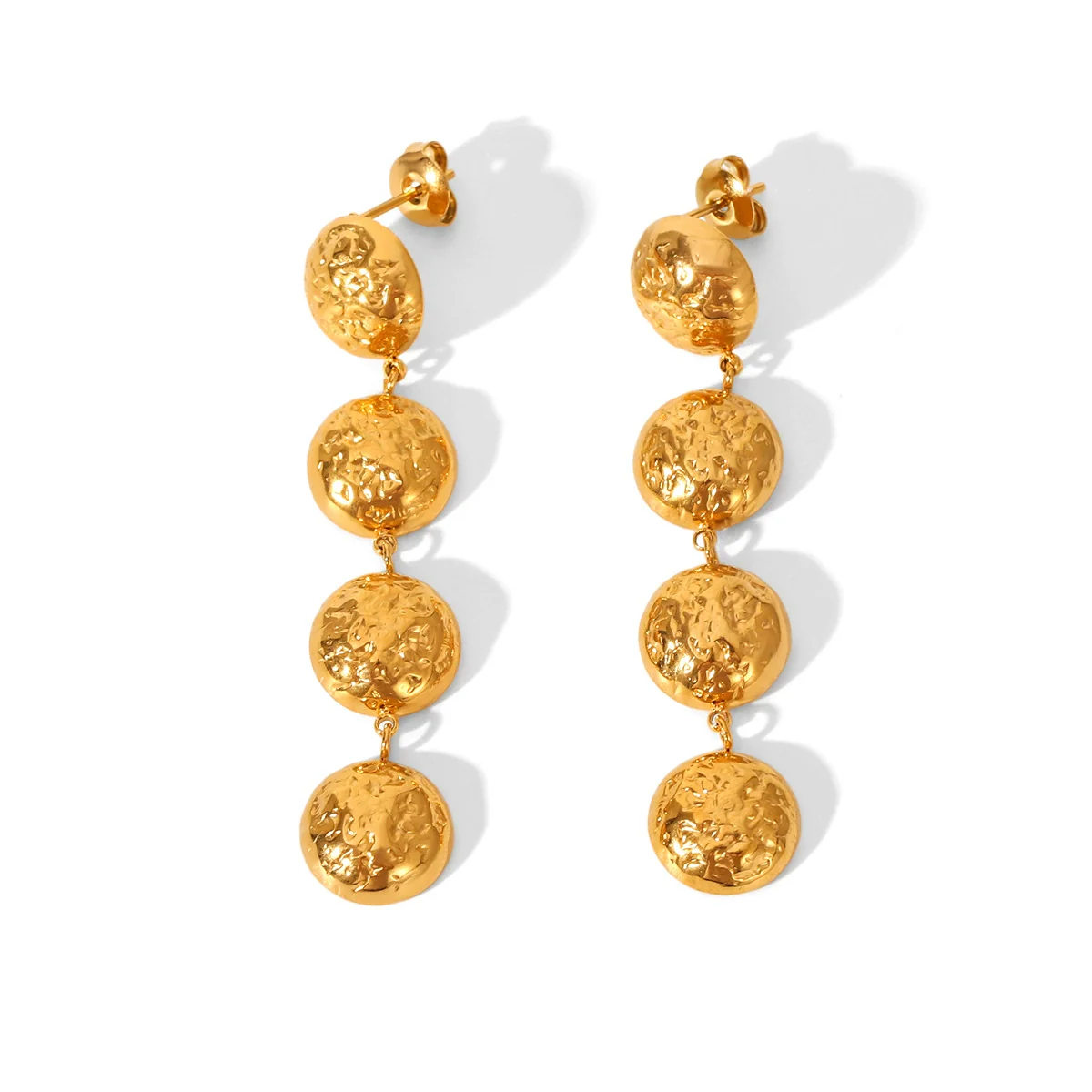 Wholesale Geometric Hammered Pattern 18K Gold Electroplated Stainless Steel Tassel Earrings For Women - Image 5