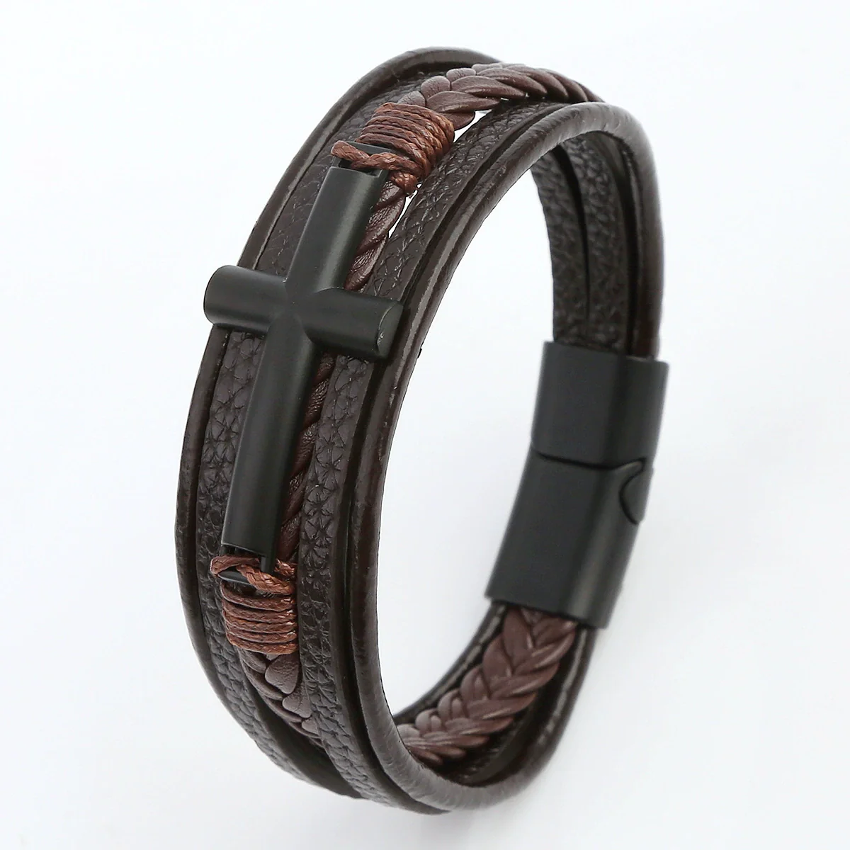 Wholesale Geometric Leather Bracelets With Alloy Cross Accessories Handwoven Electroplated Men's Bracelets - Image 10