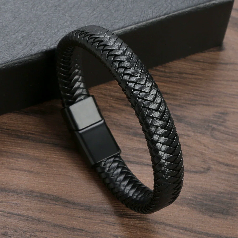 Wholesale Geometric Leather Men's Bracelets With Alloy Magnet Buckles Handwoven And Electroplated In U Shape - Image 3