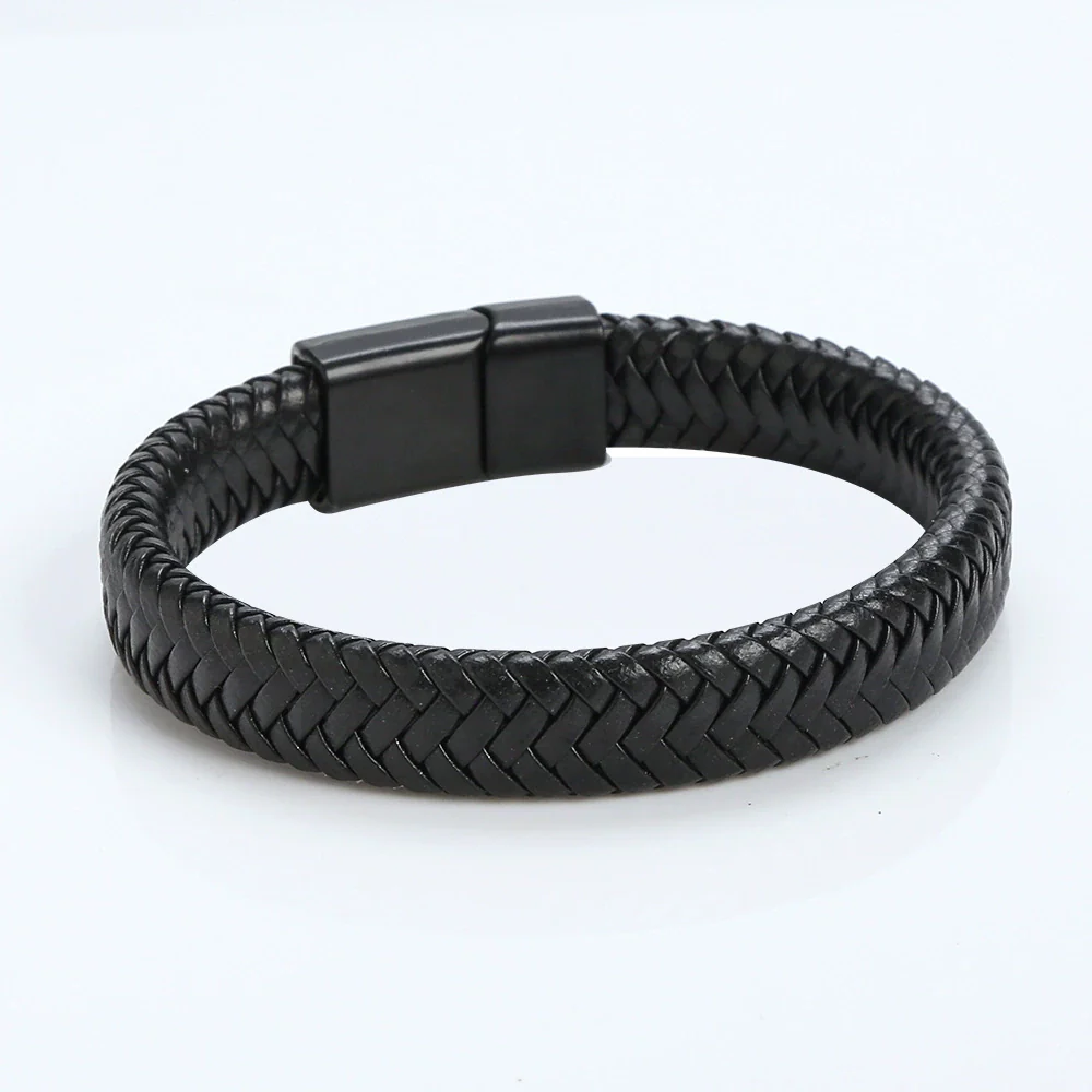 Wholesale Geometric Leather Men's Bracelets With Alloy Magnet Buckles Handwoven And Electroplated In U Shape - Image 4