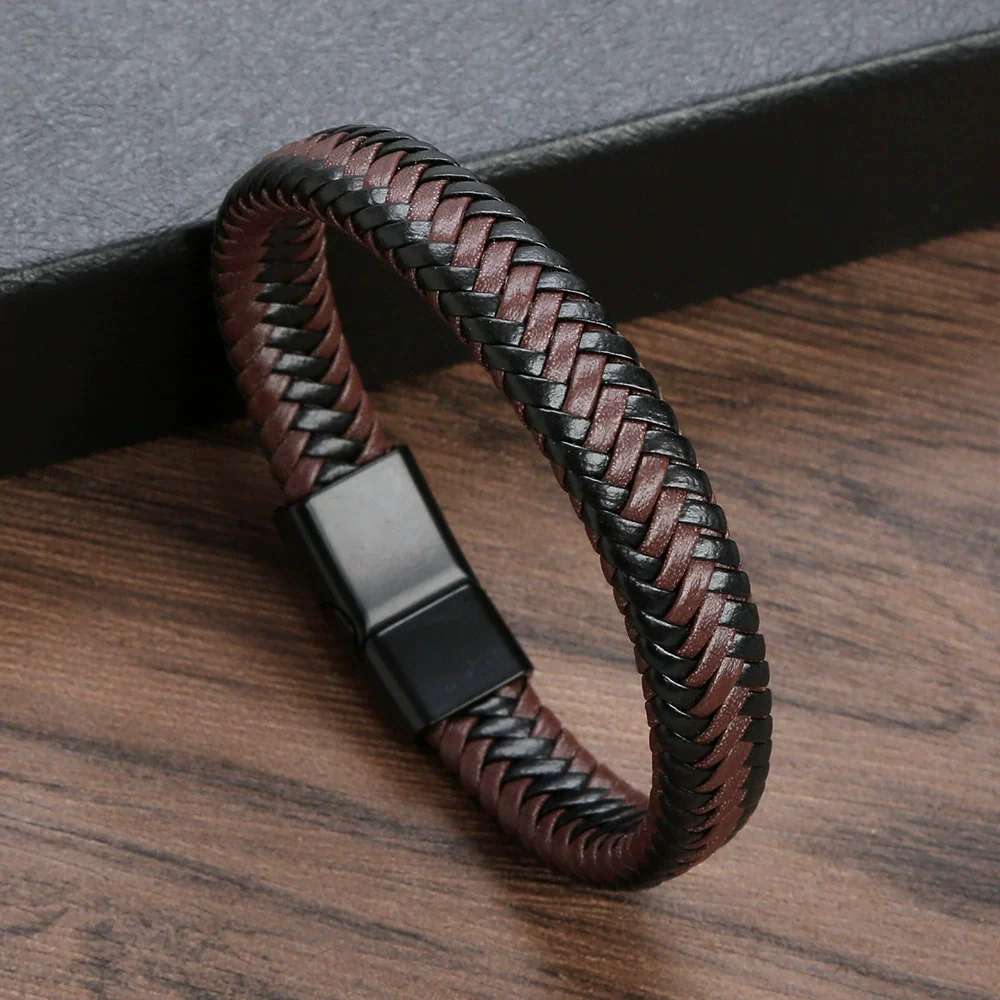 Wholesale Geometric Leather Men's Bracelets With Alloy Magnet Buckles Handwoven And Electroplated In U Shape - Image 5
