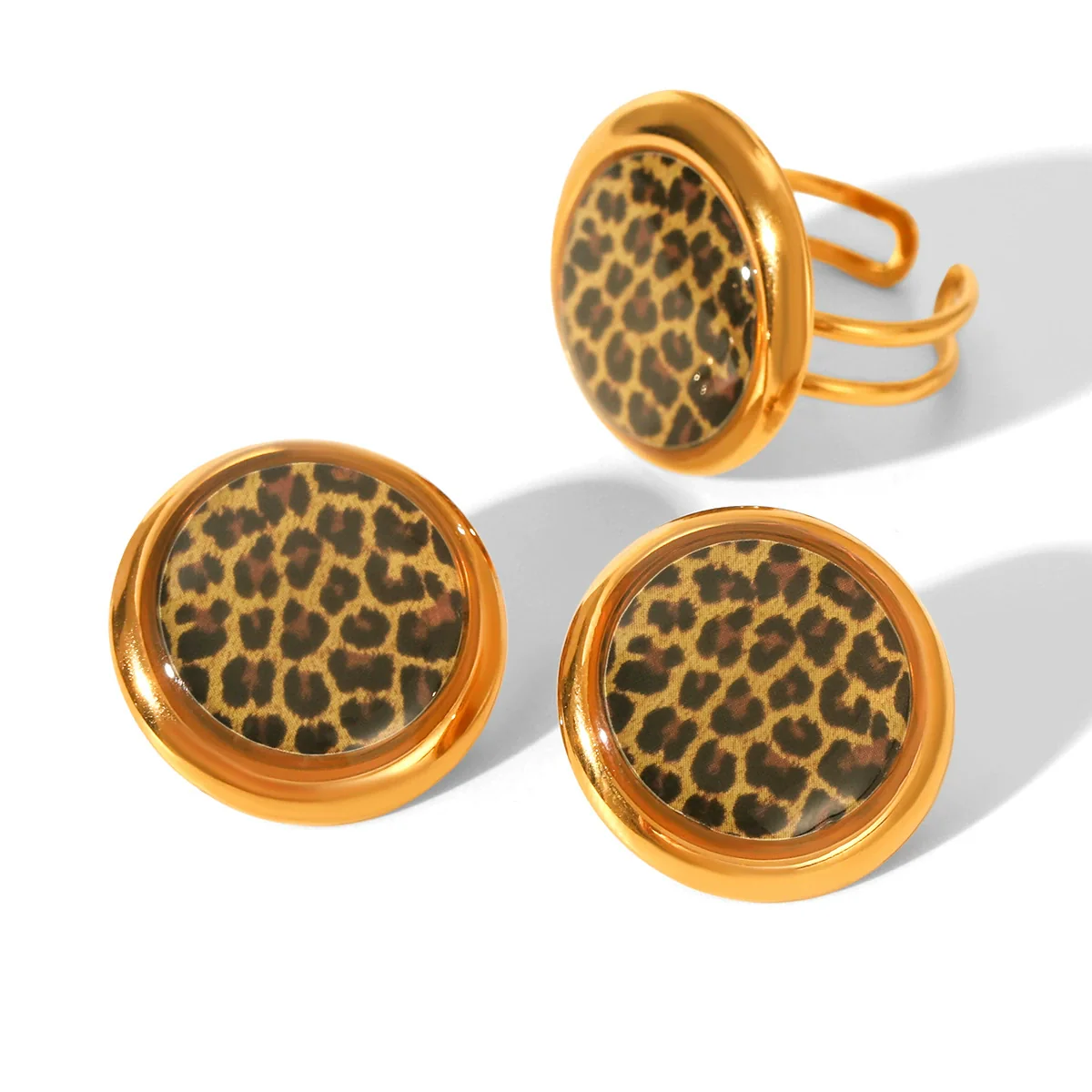 Wholesale Geometric Leopard Print Stainless Steel Gold Plated Earrings And Ring For Women - Image 5