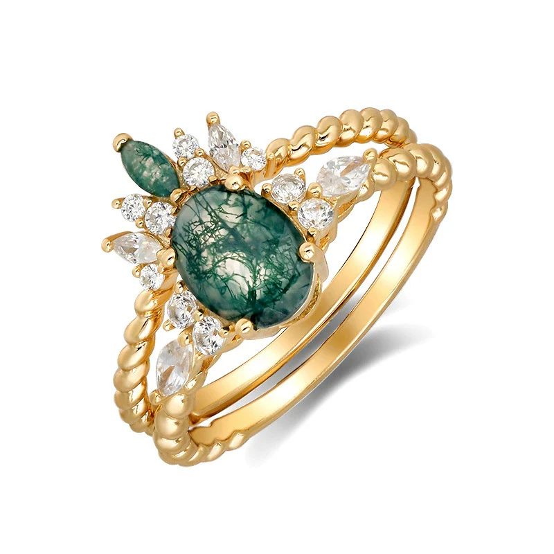 Wholesale Geometric Light Luxury Style Inlaid Zircon S925 Silver Plated 14K Gold Aquagate Twopiece Women's Ring