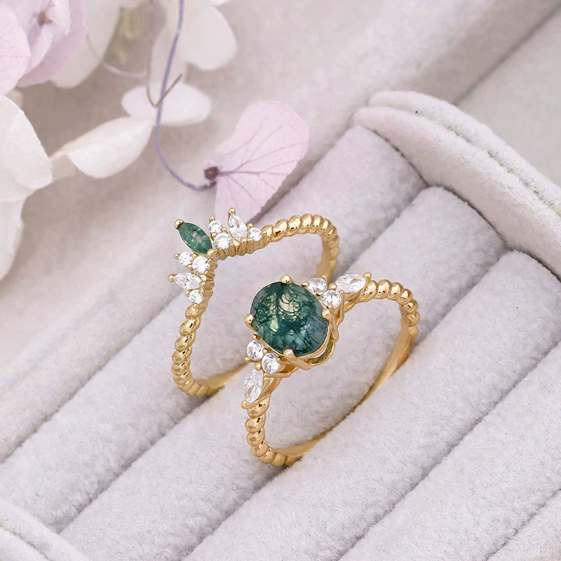 Wholesale Geometric Light Luxury Style Inlaid Zircon S925 Silver Plated 14K Gold Aquagate Twopiece Women's Ring - Image 3