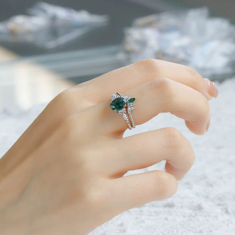 Wholesale Geometric Light Luxury Style Inlaid Zircon S925 Silver Plated 14K Gold Aquagate Twopiece Women's Ring - Image 4