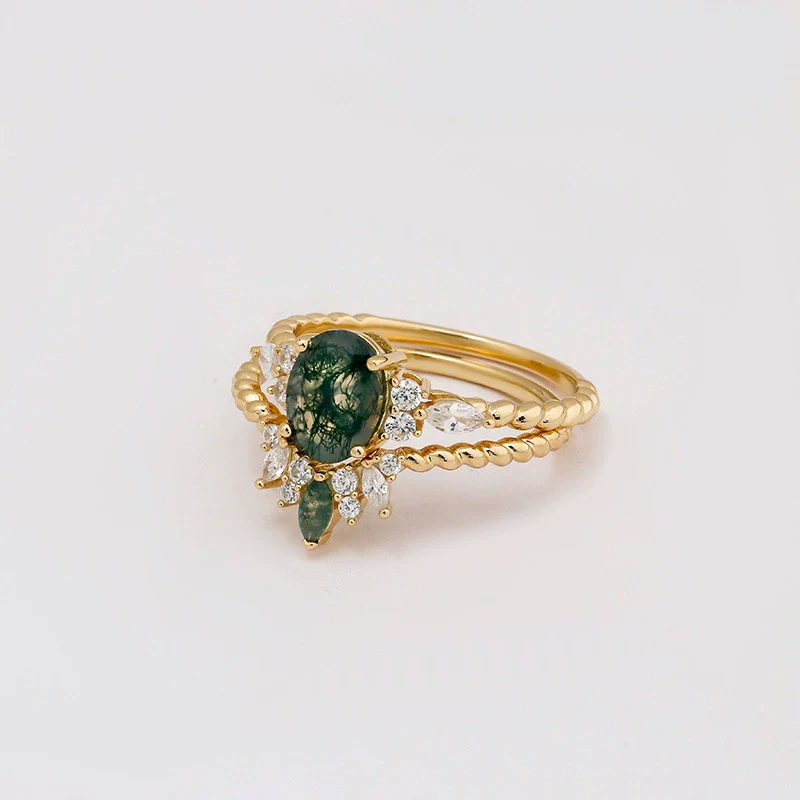 Wholesale Geometric Light Luxury Style Inlaid Zircon S925 Silver Plated 14K Gold Aquagate Twopiece Women's Ring - Image 6