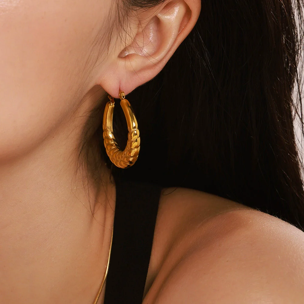 Wholesale Geometric Light Luxury Style Stainless Steel Gold Plated Ferris Wheel And Wheat Grain Earrings For Women - Image 2
