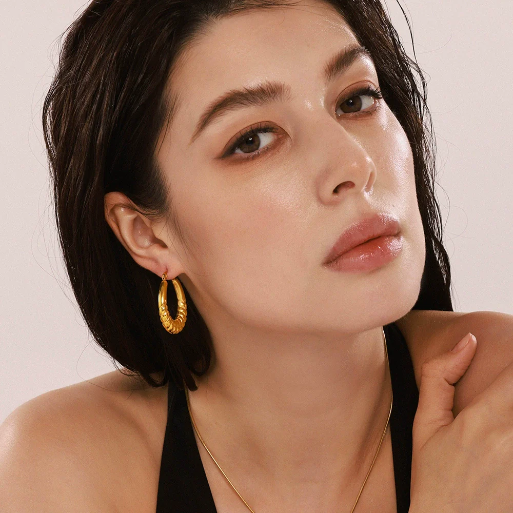 Wholesale Geometric Light Luxury Style Stainless Steel Gold Plated Ferris Wheel And Wheat Grain Earrings For Women - Image 4