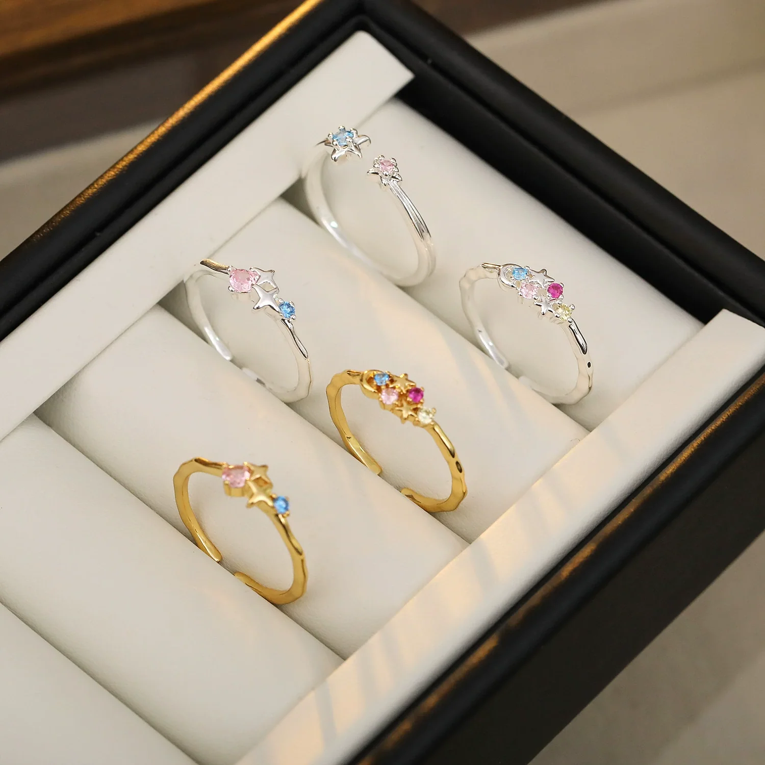 Wholesale Geometric Microinlaid Colored Zirconium Star And Moon Open Ring Copper Plated Real Gold For Women