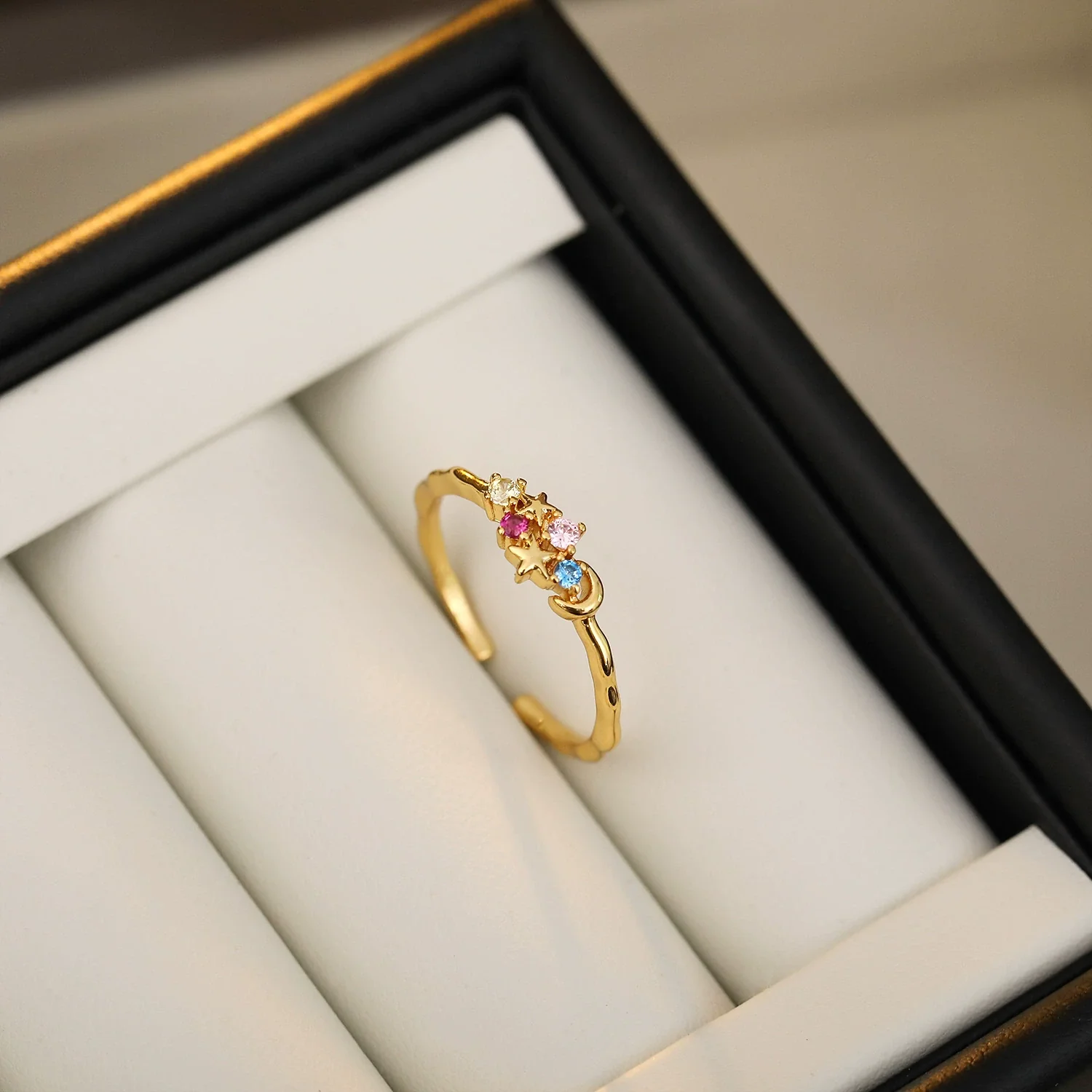 Wholesale Geometric Microinlaid Colored Zirconium Star And Moon Open Ring Copper Plated Real Gold For Women - Image 3