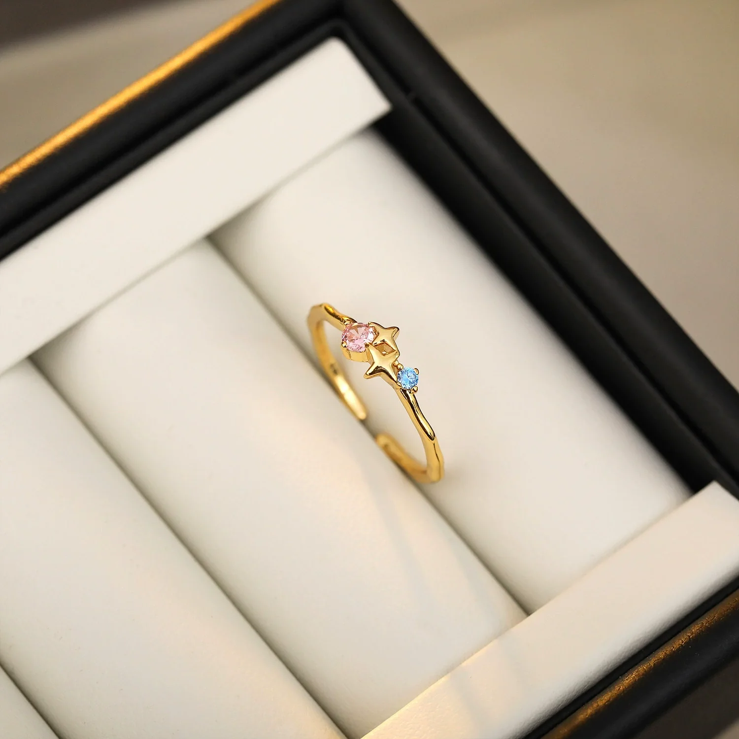 Wholesale Geometric Microinlaid Colored Zirconium Star And Moon Open Ring Copper Plated Real Gold For Women - Image 8