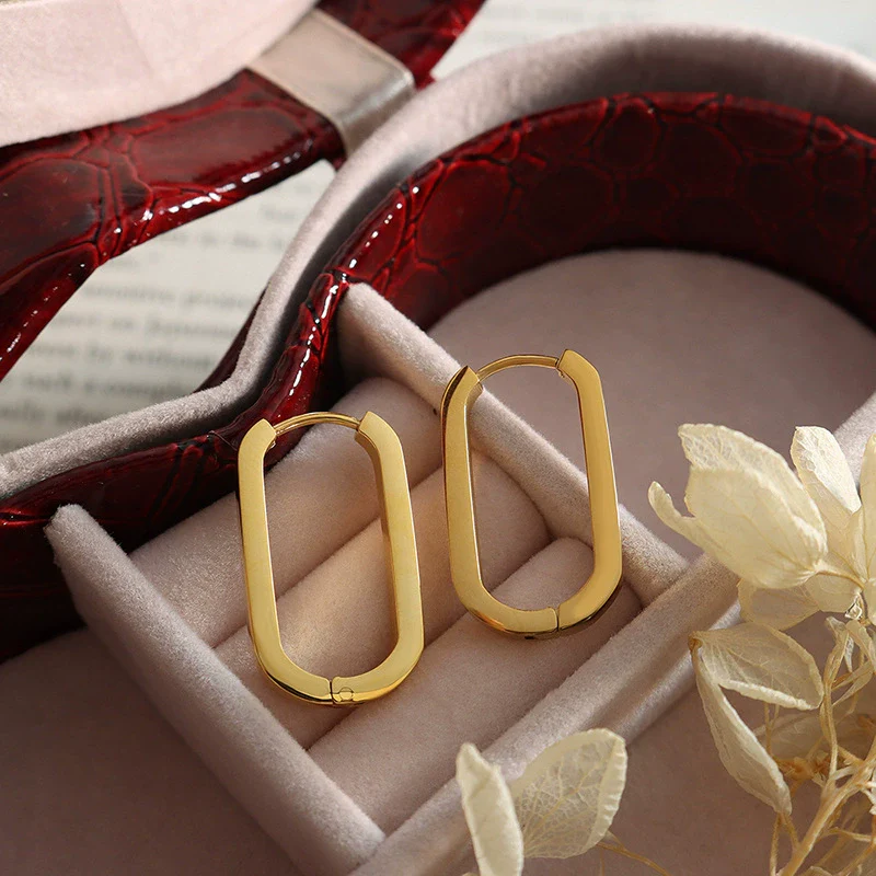 Wholesale Geometric Oval Rectangular 316L Stainless Steel Gold Plated Earrings Jewelry - Image 3