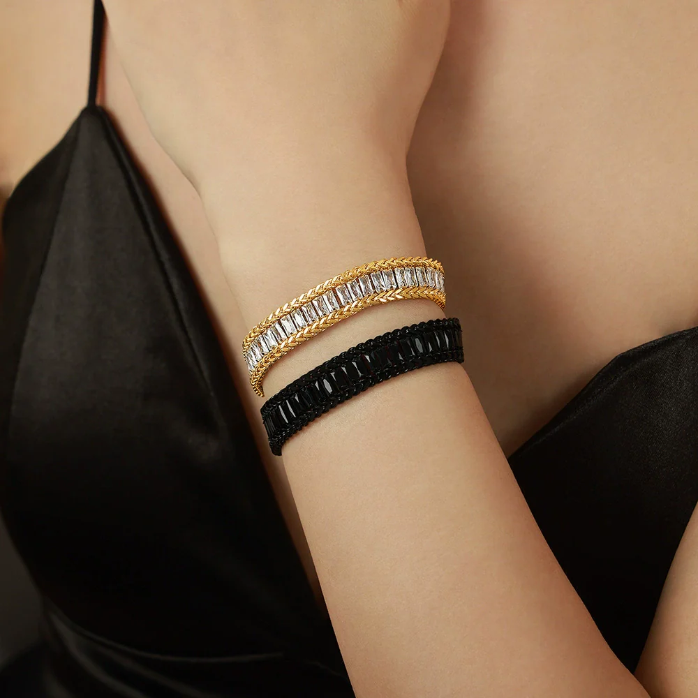 Wholesale Geometric Pattern Inlaid Zircon Goldplated Titanium Steel Bracelet For Women
