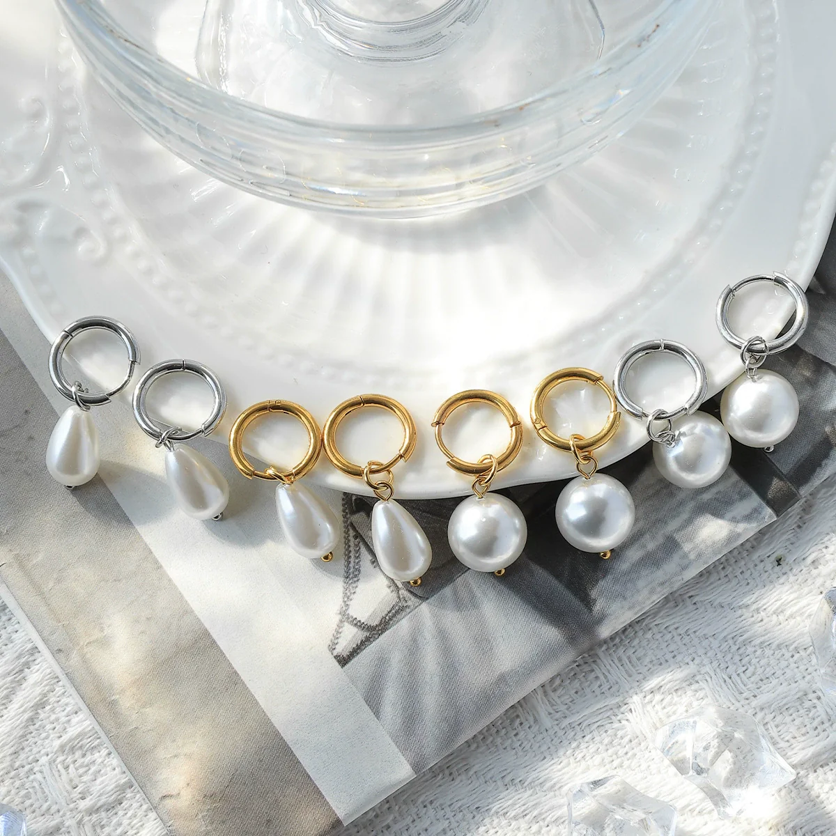 Wholesale Geometric Pearl Earrings Titanium Steel Jewelry Electroplated Retro Style For Women