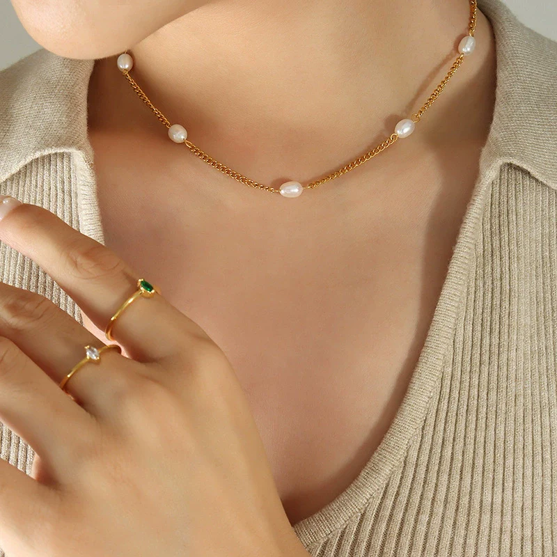 Wholesale Geometric Personality Freshwater Pearl Spliced Titanium Steel Gold Plated Necklace For Women