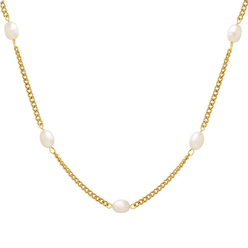 Wholesale Geometric Personality Freshwater Pearl Spliced Titanium Steel Gold Plated Necklace For Women - Image 4