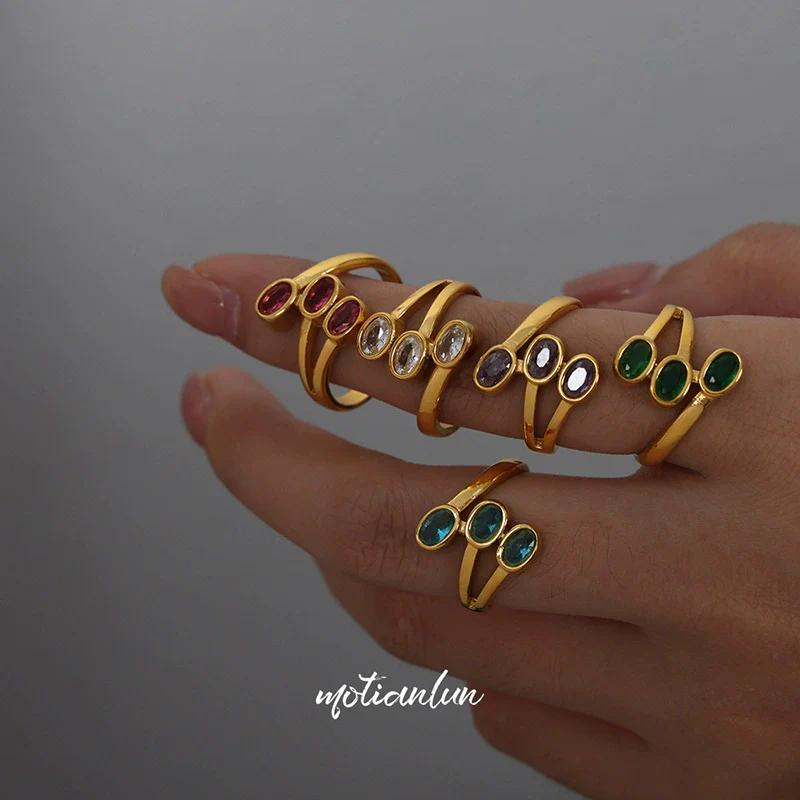 Wholesale Geometric Retro Small Color Glass Stone Inlaid Layered Stitching Electroplated Titanium Steel Open Ring Unisex