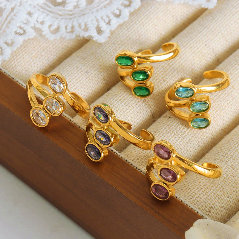 Wholesale Geometric Retro Small Color Glass Stone Inlaid Layered Stitching Electroplated Titanium Steel Open Ring Unisex - Image 2