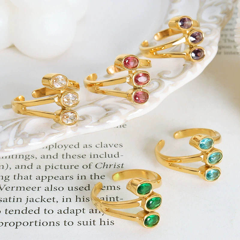 Wholesale Geometric Retro Small Color Glass Stone Inlaid Layered Stitching Electroplated Titanium Steel Open Ring Unisex - Image 3
