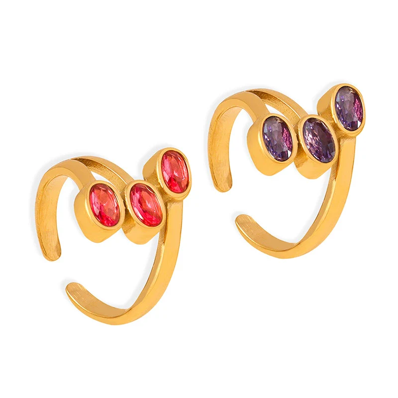 Wholesale Geometric Retro Small Color Glass Stone Inlaid Layered Stitching Electroplated Titanium Steel Open Ring Unisex - Image 5