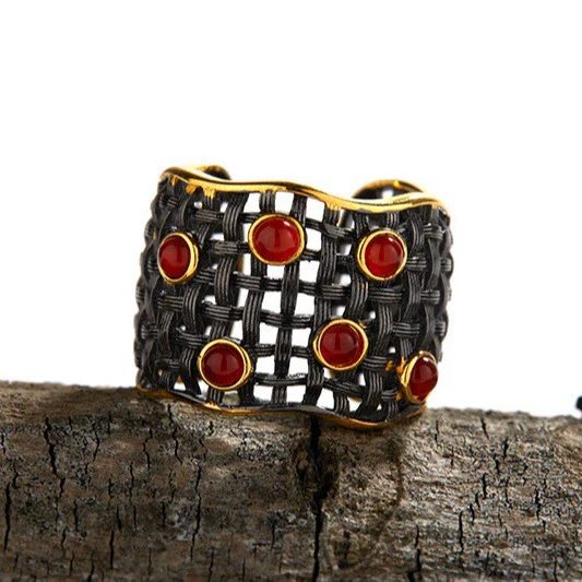 Wholesale Geometric S925 Sterling Silver Natural Agate Gem Inlaid Ring - Image 3