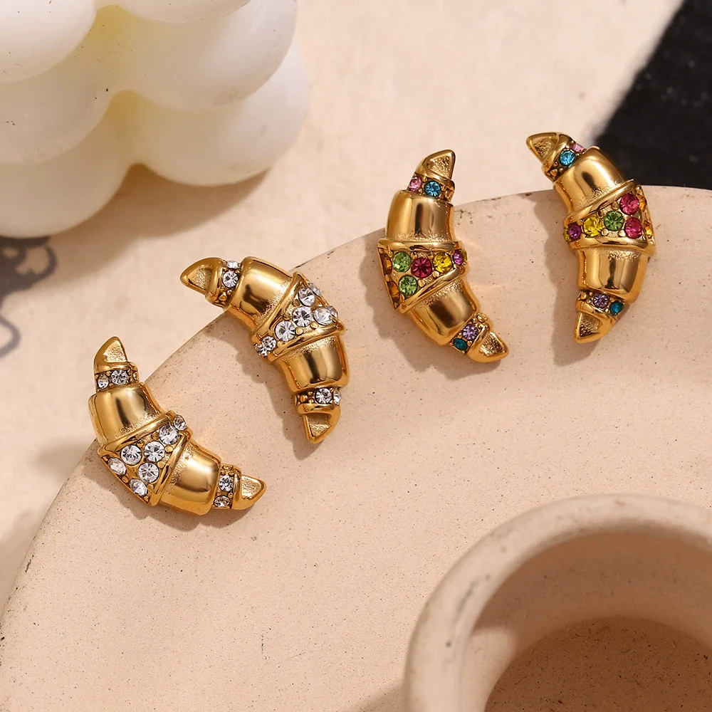 Wholesale Geometric Stainless Steel 18K Gold Plated Casting Microset Rhinestone Horn Earrings For Women