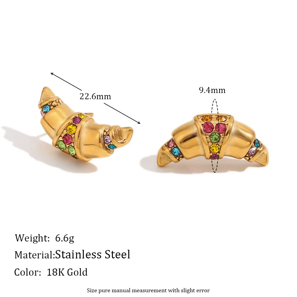 Wholesale Geometric Stainless Steel 18K Gold Plated Casting Microset Rhinestone Horn Earrings For Women - Image 2